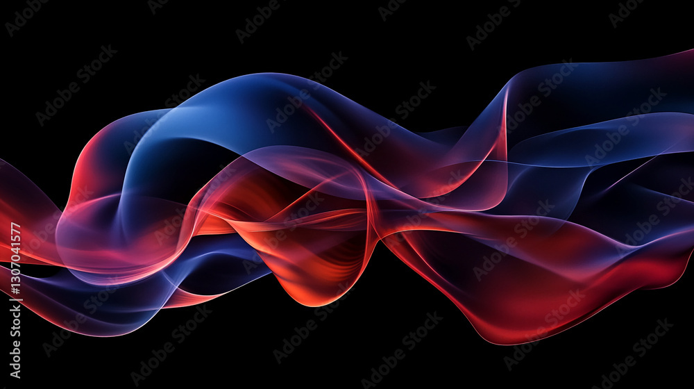 Poster abstract image of flowing red and blue translucent waves on black background, suggesting motion, ene