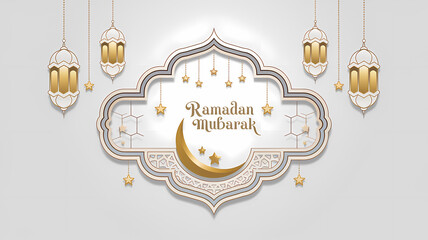 Fototapeta premium Elegant Ramadan Mubarak Hanging Lanterns with Crescent Moon, Twinkling Stars, and Islamic Geometric Patterns in Gold Line Art on a White Background Creating a Ramadan Festive and Spiritual Ambiance