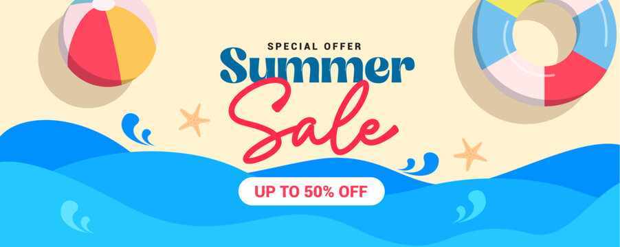 Summer Sale banner or Poster cover template background. Summer beach discount special offer.