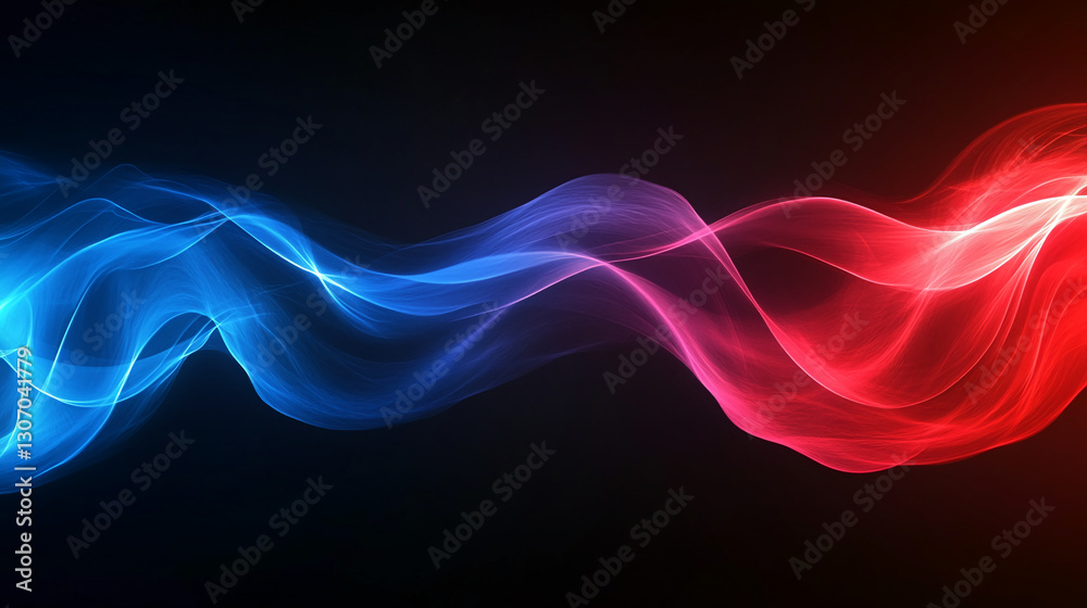 Poster abstract image of blue and red flowing waves on black background, representing energy, dynamism, or 