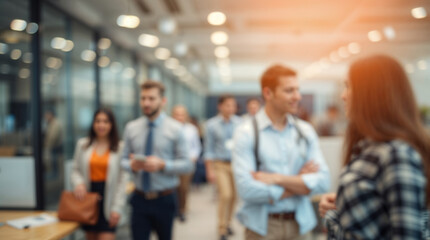Blurry office background with group of coworkers communicating. Defocused business wallpaper with cheerful colleagues in modern work setting