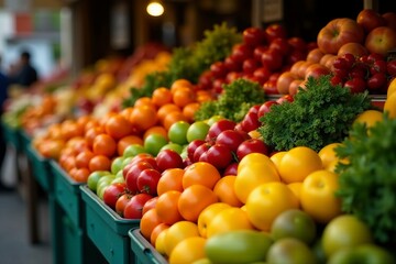 Colorful array of fresh produce at market stall, market, fruits, colorful