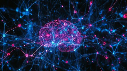 Abstract neural network brain structure, intricate connections, dark background, scientific illustration