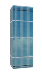 3D Modern glass skyscraper reflecting blue sky on white background