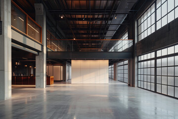 A large, industrial space with a concrete floor and large windows, suggesting a gallery or event venue.