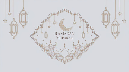 Fototapeta premium Elegant Ramadan Mubarak Hanging Lanterns with Crescent Moon, Twinkling Stars, and Islamic Geometric Patterns in Gold Line Art on a White Background Creating a Ramadan Festive and Spiritual Ambiance