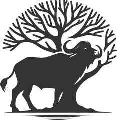 Buffalo rubbing its horns against a tree animal vector silhouette