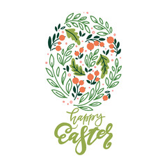 Happy Easter. Vector hand drawn floral greeting card with isolated composition of twigs, leaves and berries in the shape of an egg with lettering on a white background