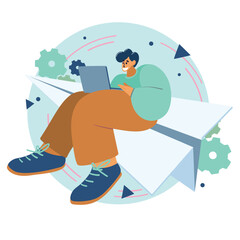 Smiling man sitting and flying on paper plane with his laptop. Concept of freelance, new startup launch, business ideas, distance learning