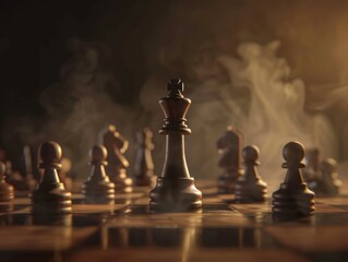 Chess king surrounded by pawns on a dimly lit wooden board