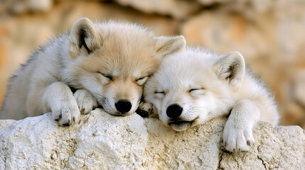 Obraz premium Arctic wolf pups cuddling on rocks, sleeping peacefully, blurred background
