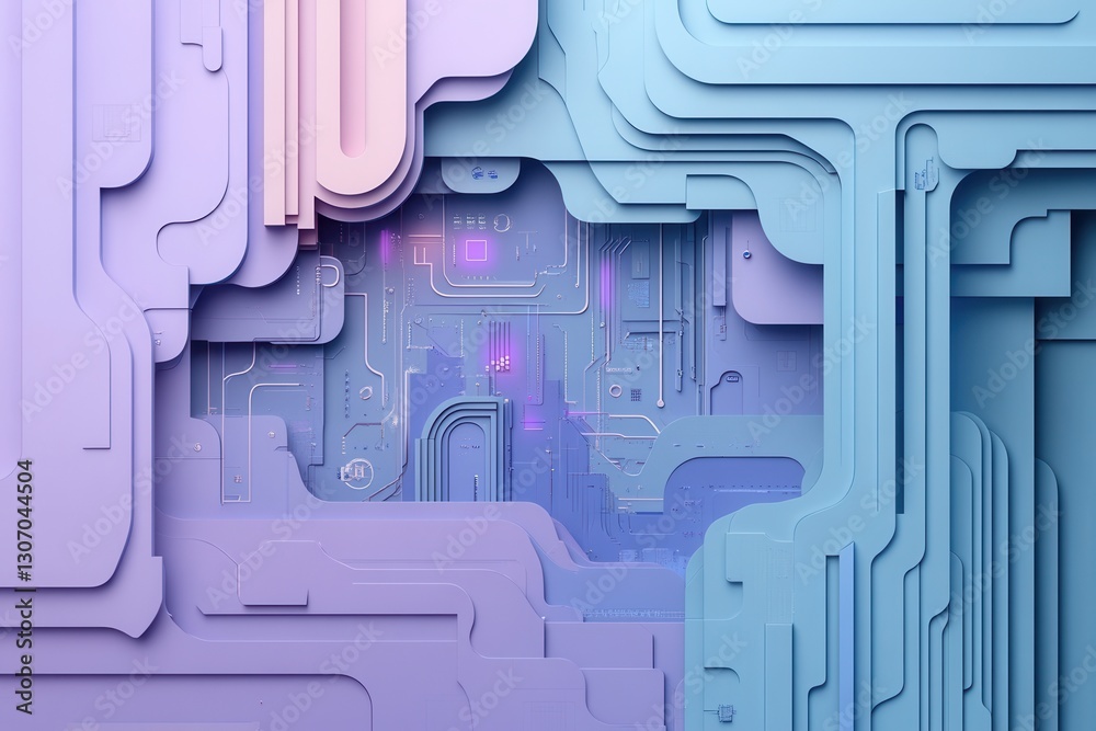 Poster Futuristic paper art background featuring abstract layers of digital circuits and data flows in cool tones for a high tech look Generative AI