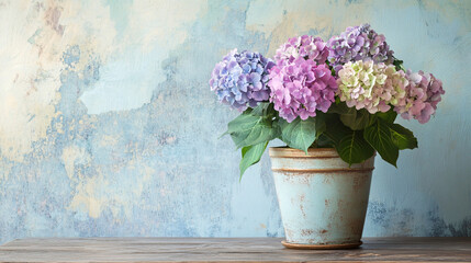 Delicate Pastel Hydrangeas in Vintage Flowerpot on Wooden Table