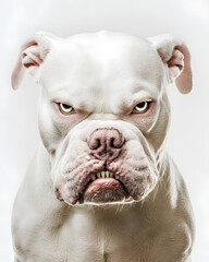 Fototapeta premium Portrait of powerful angry white Pitbull dog showing teeth isolated on white. Aggressive pit bull terrier type dog snarling at the camera with sharp teeth