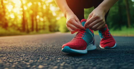  A woman is tying her shoes on the road, ready to go for jogging in the park with the morning sunlight. She wears sportswear and has blue and red sneaker shoes