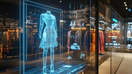 Futuristic Retail, Holographic Dress Display in a Modern Boutique Shop