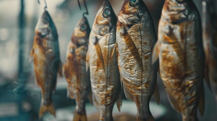 Fish Suspended on Hooks for Traditional Smoking in Natural Light
