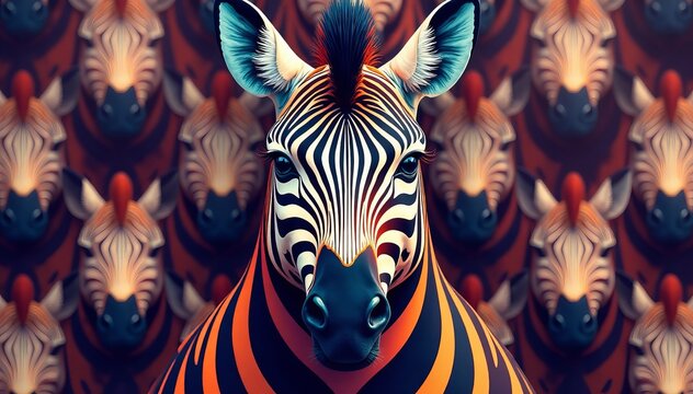 Close-up of charming zebra face in repeating pattern, stripes, texture, cute