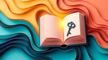 Key discipline success passion solution. An open book with a key inside, set against vibrant paper waves, symbolizes knowledge and discovery.