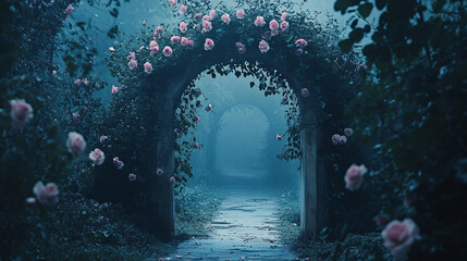 Fototapeta premium Enchanting Rose-Covered Garden Archway in Soft Pastel Tones