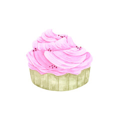 Hand drawn watercolor cupcake. Illustration of food isolated on white background. Can be used for postcard, label, scrapbook and other printed products.