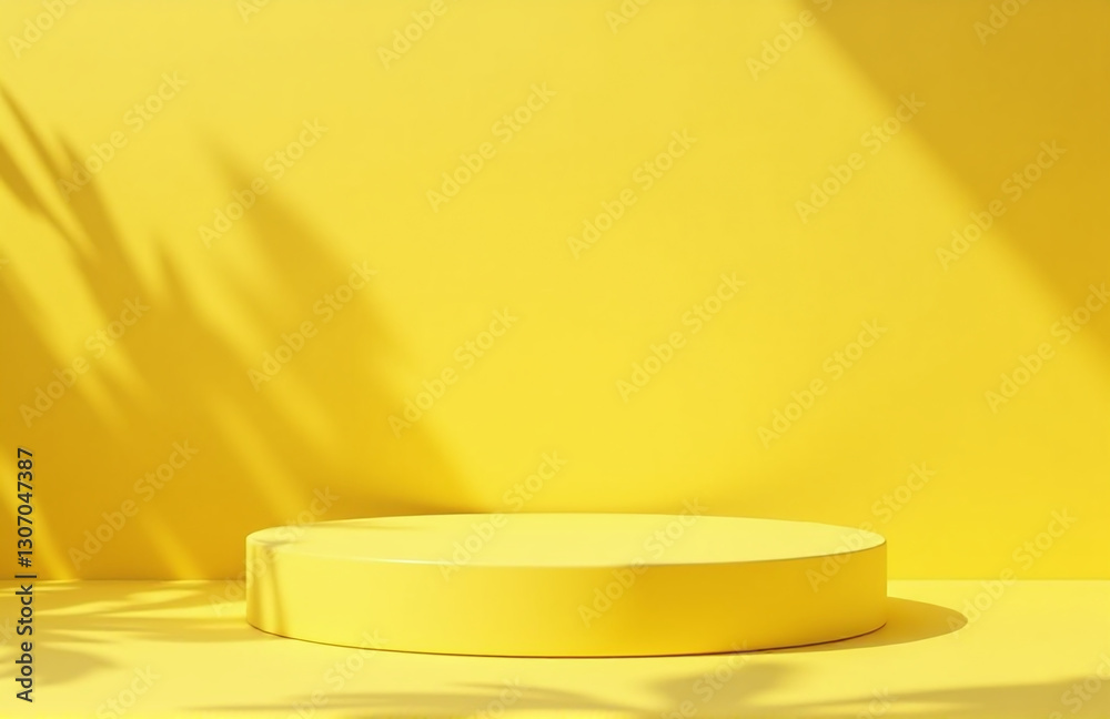 Aufkleber Yellow 3d Pedestal And Stage With Leaf Shadow For Product Showcase And Promotion Display In A Minimalist Vector Design.