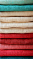 Neatly stacked fabric swatches in teal, beige, and red hues showcase texture and color variations, ideal for textile design, fashion, or home decor