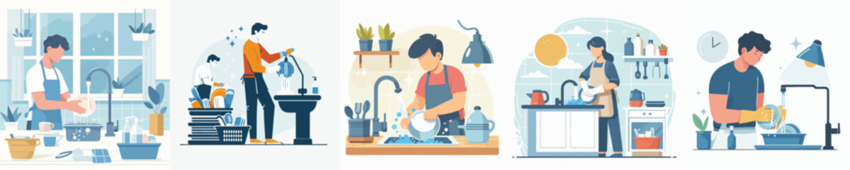 Vector of a person washing dishes.