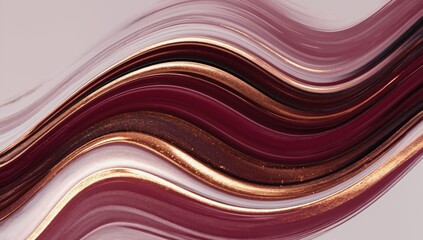 Abstract paint drawing on a white background. Wide wavy line lipstick, eye shadow and blush in deep burgundy and gold shades. Cosmetics Color Sample
