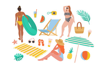 Summer vacation on the beach. Women resting. Set of beach items. Color illustration.