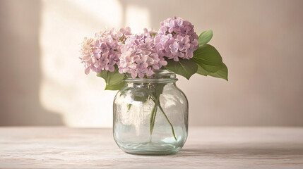 Delicate Lilac Blooms in a Glass Jar - Soft Focus Floral Arrangement for Home Decor