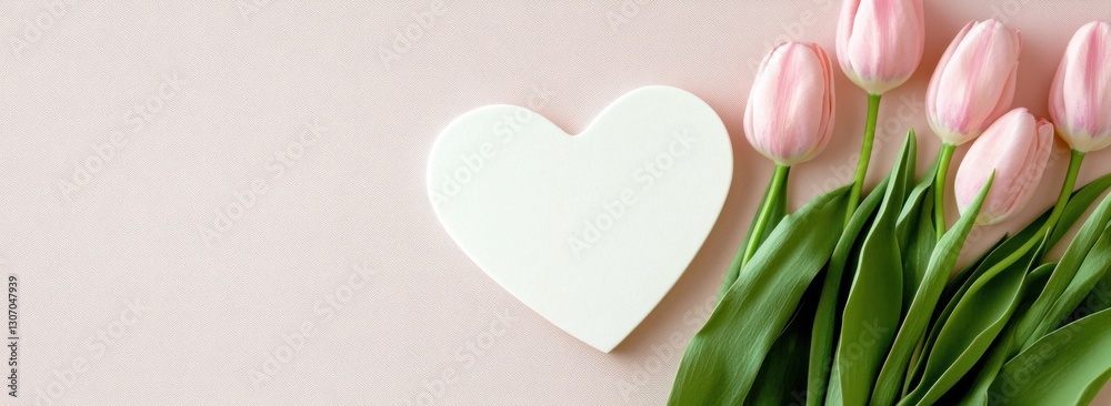 Poster heart-shaped card with tulips on the right side, against a pastel pink background. web banner with c