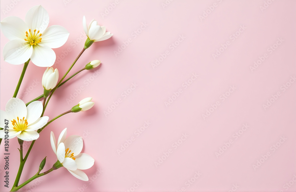 Poster white flowers adorn a soft pastel pink background in a simple flat lay composition perfect for any s