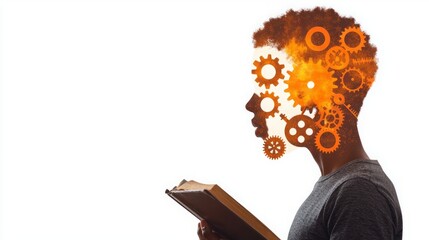 Key discipline success passion solution. A silhouette of a person reading, with gears and bright colors forming their head, symbolizing creativity and knowledge.