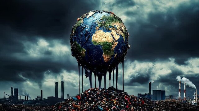 Tragic concept of ecological destruction due to waste pollution, pollution, and global warming, and the melting earth environment
