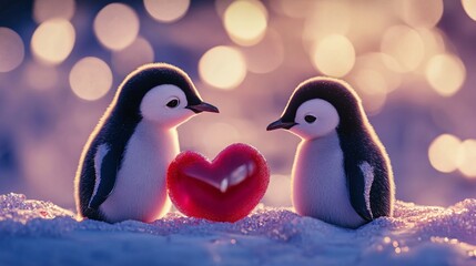 Adorable Penguin Couple in Love with Heart Shape for Valentines Day