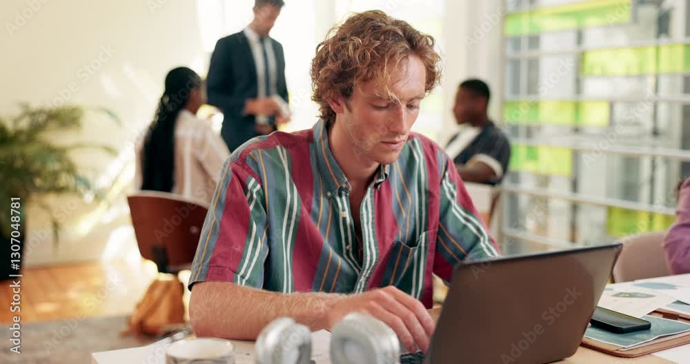 Poster creative man, designer and typing with laptop for web design, planning or project at office desk. ma