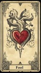 Design of a tarot card with a heart symbol titled "Fool".