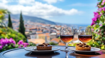 Two Wine Glasses and Tarts on a Table with a City View