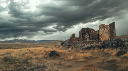 Obraz premium A post-apocalyptic wasteland, crumbling buildings, barren landscape, stormy skies