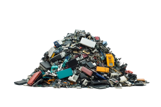 Pile of e-waste placed on white or transparent background