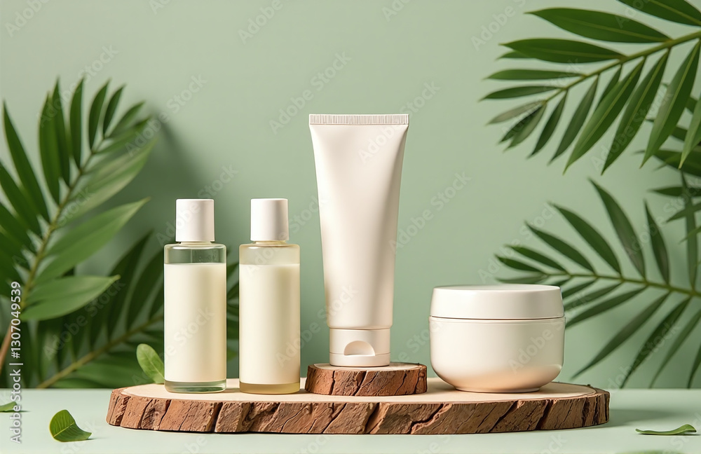 Poster tropical beauty products showcased on a natural palm leaf patterned backdrop with a wooden display a