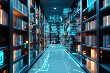 Concept of an e library with virtual icons computer