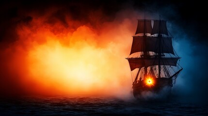 Obraz premium Key discipline success passion. A mysterious ship sails through a foggy sea, illuminated by contrasting colors of orange and blue in the background, evoking a dramatic and adventurous atmosphere.