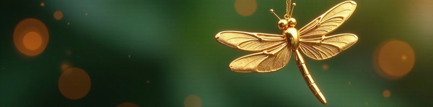 Close-up of a shiny gold dragonfly ornament hanging from a thread, thread, gold, delicate