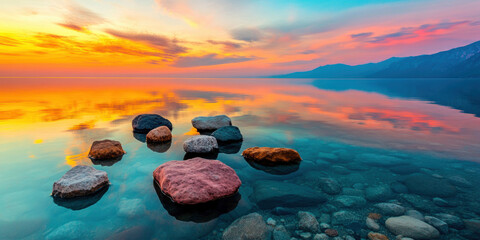 Vibrant sunset reflecting on calm water with colorful stones in foreground.