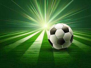 Fototapeta premium soccer ball on a green grass background with stripes of a football field. This is a banner for design, advertising, and decoration for a soccer event.