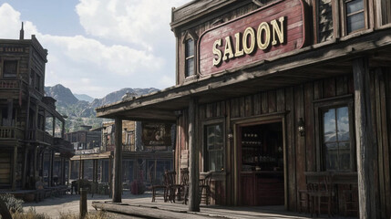 A wide shot of an old saloon.