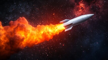 Key discipline success passion solution. A sleek rocket propels through the dark cosmos, leaving a trail of fiery exhaust against a backdrop of stars and vibrant nebulae.