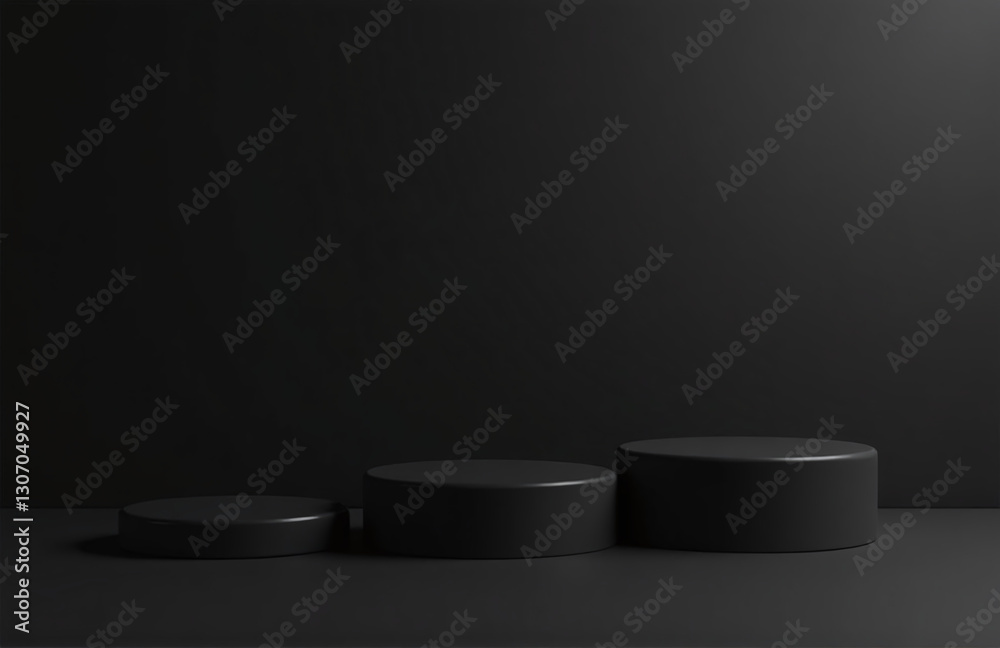 Poster Three Black Cylindrical Pedestals Are Arranged In A Line Against A Dark Background In This 3d Rendering Illustration Of A Cosmetic Display.